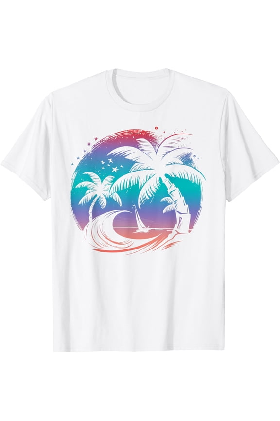 Tropical Palm Trees with Sailboat Beach Island Sunset T-ShirtMen's and women's pure cotton short-sleeved shirts
