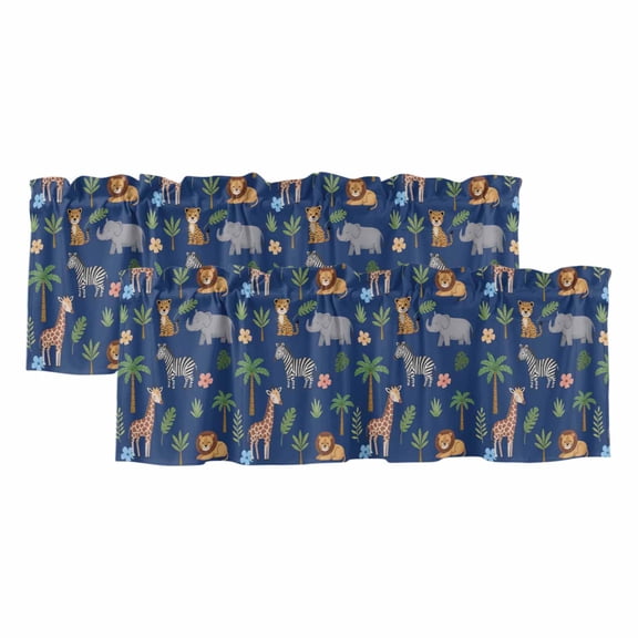 Tropical Palm Valances for Windows, Decorative Rod Pocket Window Valance Curtains, Giraffes Zebras Lions Elephant Animal Dark Blue Short Curtain Drapes for Kitchen, 2 Panels, 42" W x 18" L