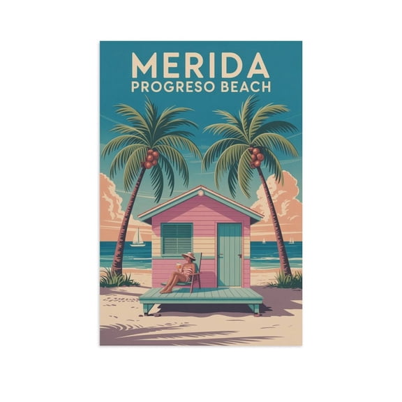 Tropical Palm Wall Decor Progreso Beach Merida Mexico Retro Beach Shack Travel Poster Vintage Coastal Mid Century Print Canvas Poster