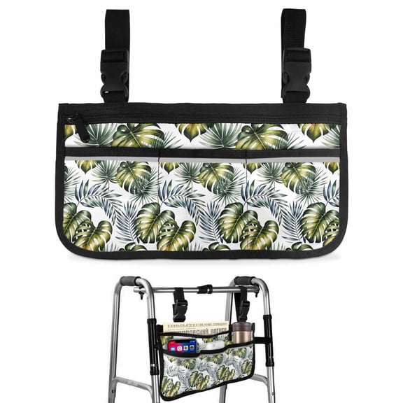 Tropical Palm Wheelchair Side Bag Walk Bag Basket, Summer Modern Dark Green Botanical Leaves Wheelchair Accessories Armrest Pouch, Organizer Storage Bags for Walkers, Rollators, Scooters, 7.3"x13"