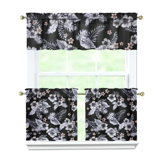 Tropical Palm and Flower Window Treatment Set, 3 Piece 27.5x24 Inch Curtains for Kitchen, Bathroom, Laundry Room