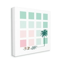 Tropical Palms and Beach Goers Geometric Pattern Coastal Gallery-Wrapped Canvas Print Wall Art, 17x17