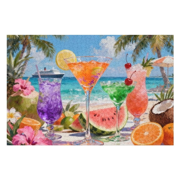 Jigsaw Puzzle 1000 Pieces for Adults, Tropical Paradise Beach Cocktail Palm Tree, Summer Ocean-Themed, Challenging Mind Game, Home Décor