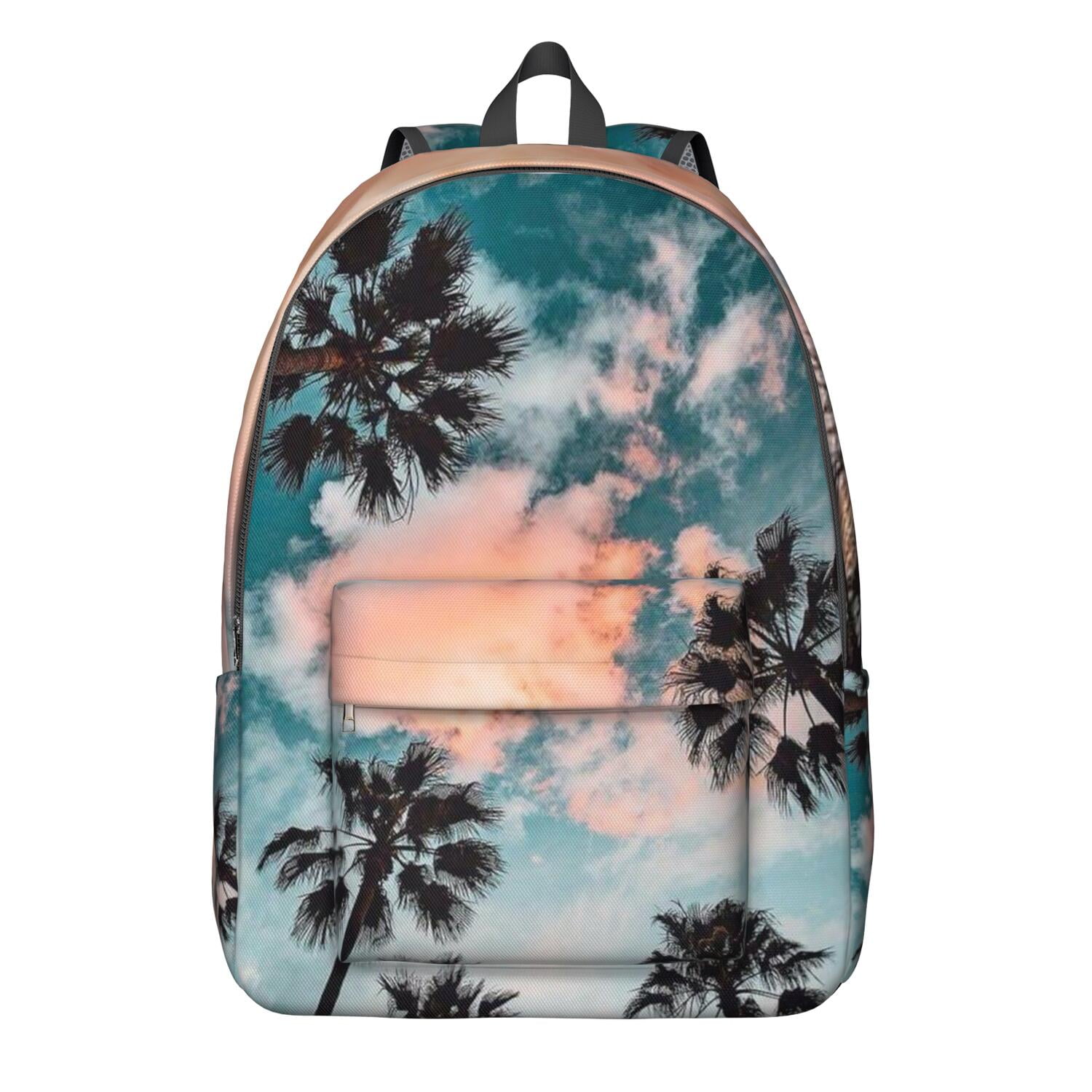 Green Fields Brown Leather Turquoise Floral Hawaiian Backpack for School Outdoor Colorful Summer Backpack Hawaiian Floral Palm Leaf Jungle  main image 4