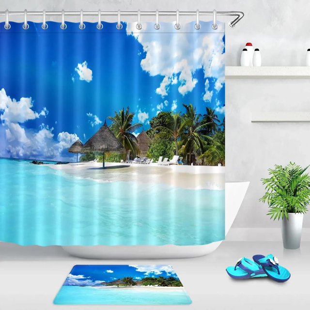 Tropical Paradise Bath Palm Trees and Clouds Shower Curtain Set for