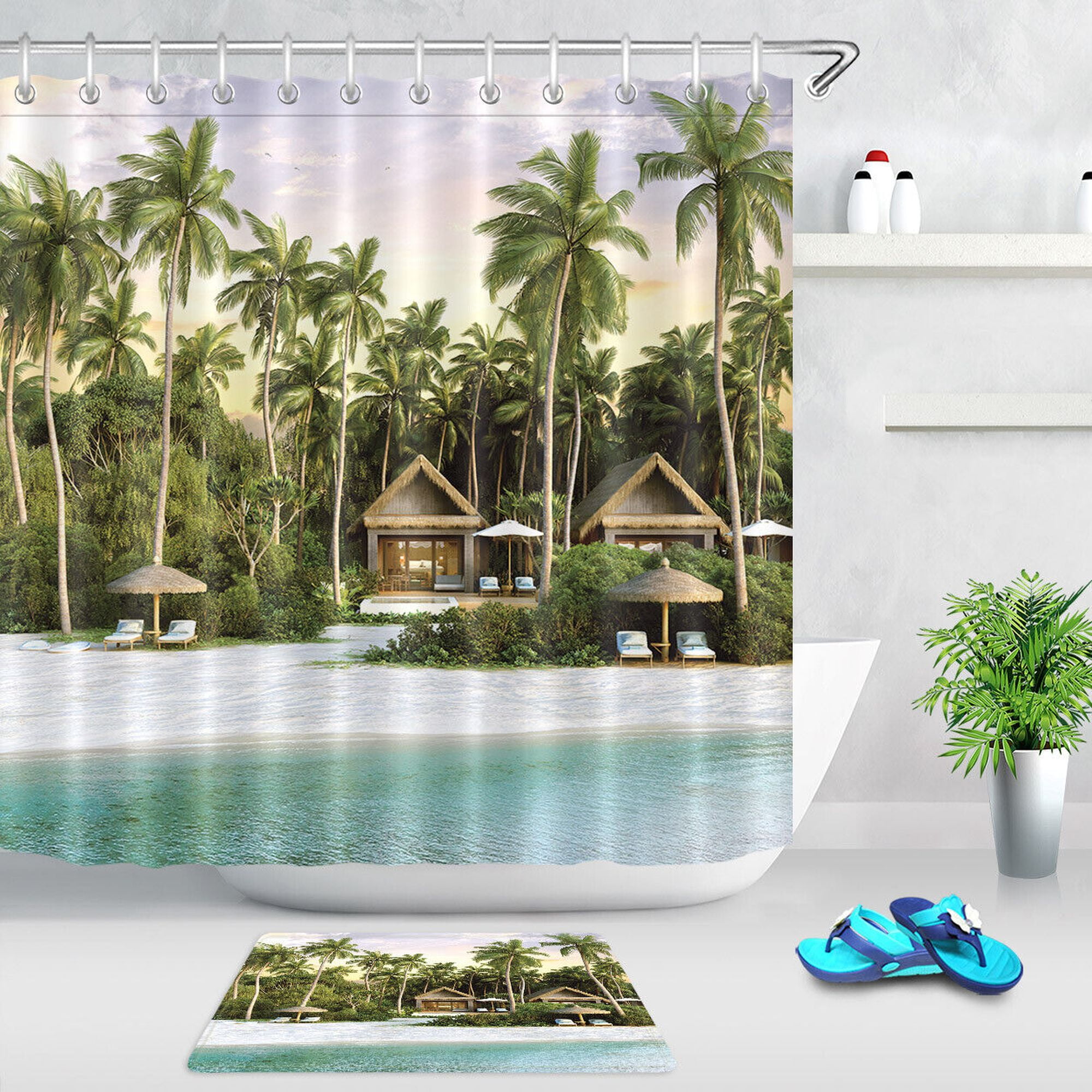 Tropical Paradise Beach Cottage Shower Curtain Set with Palm Trees and