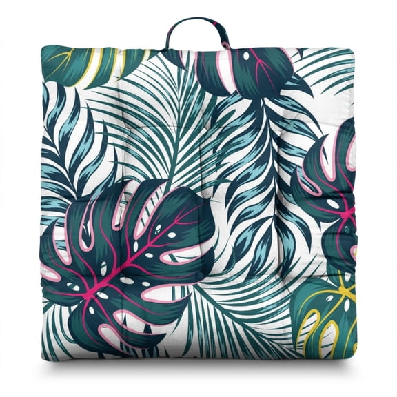 Tropical Paradise Floor Cushion&nbsp;– 22x22 Inch Large Pillow, Dutch Velvet, Mixed Hibiscus & Palm Print (Vacation at Home)