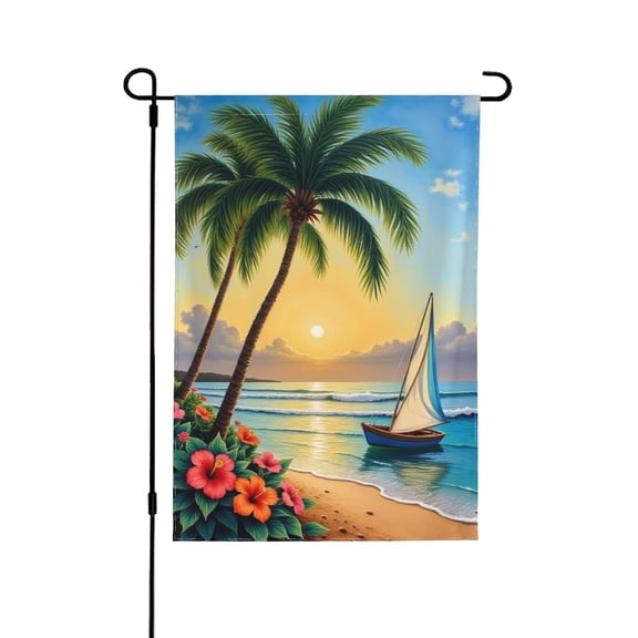 Tropical Paradise Garden Flag 12x18 Inch Double SidedSummer Beach Sailboat Palm Tree Yard FlagCoastal Seaside House Outdoor Decoration Welcome Banner