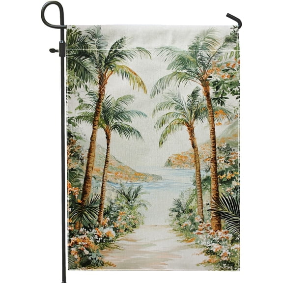 Tropical Paradise Garden Flag, Green Palm Trees Coastal Home Decor Banner, Summer Outdoor Lawn Decoration for Beach-Themed Parties, Double-Sided Yard Flag 12x18 Inch
