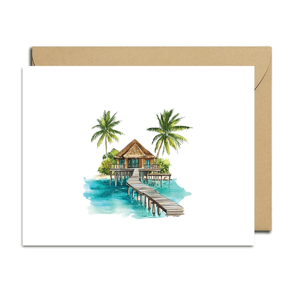 Tropical Paradise Greeting Card  Relaxing Beach House Design  Envelope Included, Blank Inside  Perfect for Summer Celebrations, Birthdays, Thank You