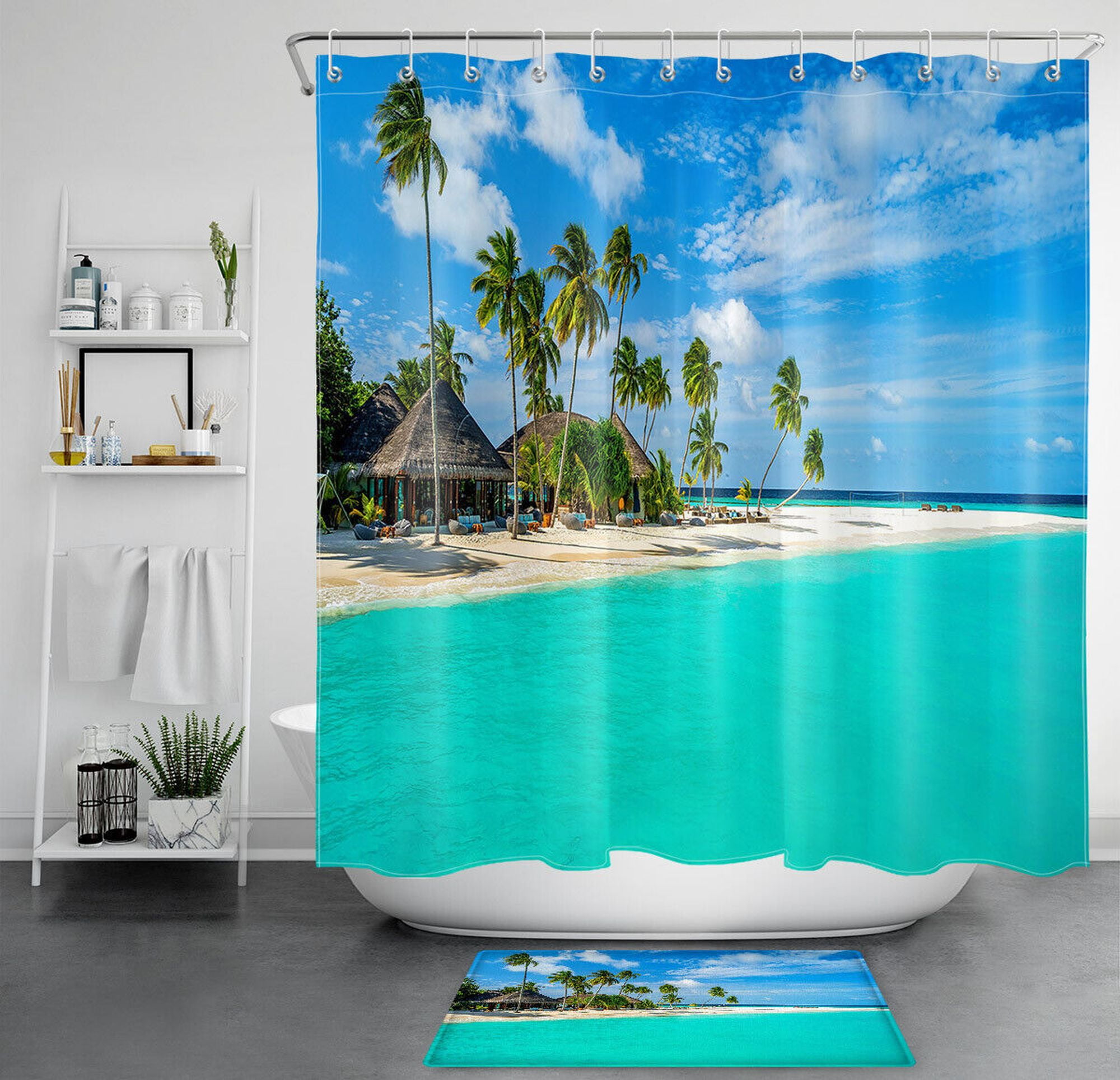 Tropical Paradise Hawaiian Beach Resort Shower Curtain Set Transform Your Bathroom into a