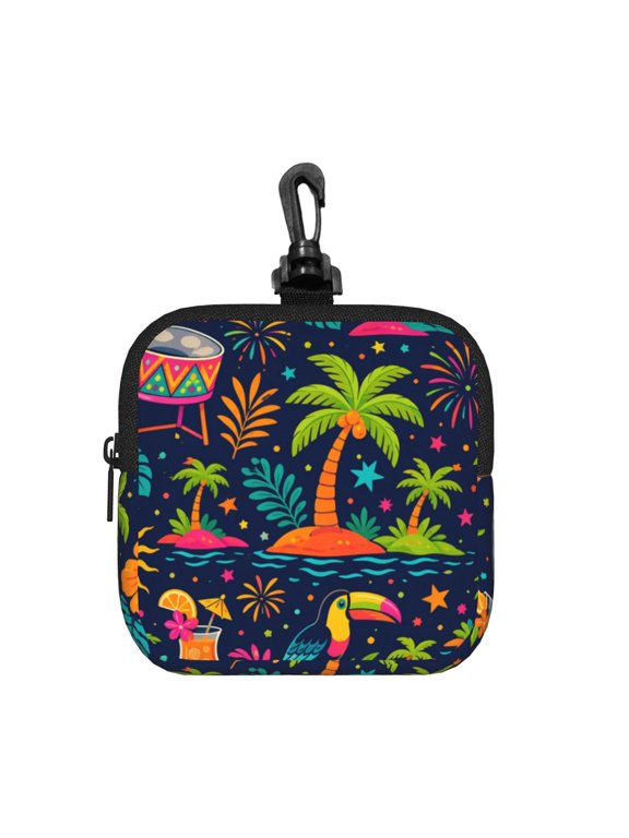 Tropical Paradise Island Art Square Gear Pouch with Lobster Clasp Waterproof Tech Accessory Organizer, Key & Coin Case