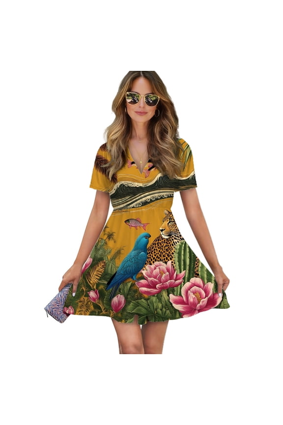 Tropical Paradise Jaguar Bird Fish Women Dress V-Neck Short Sleeve Flowy Swing Party Midi Dress