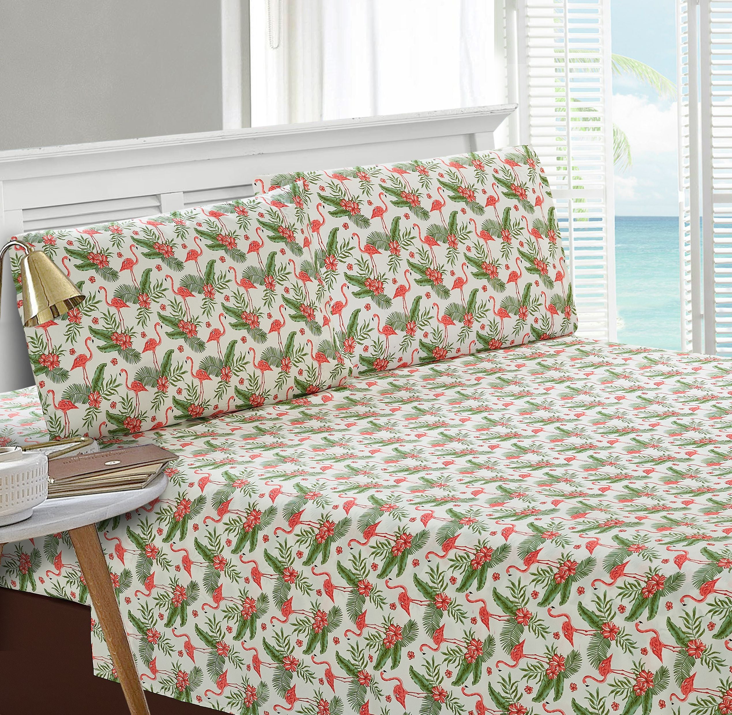 Tropical Flamingo and Palm Leaf Polyester Pillowcase Pair