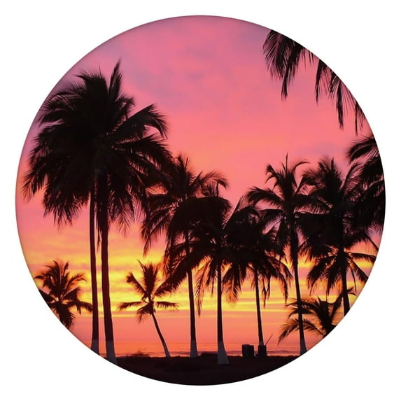 Tropical Paradise Round Elastic Table Cover - Waterproof, Wrinkle-Free, Neon Palm Tree Sunset Design - Fits 60" Tables