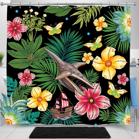Tropical Paradise Shower Curtain - Black Background with Leaves, Vibrant Flowers, Butterflies & Ship