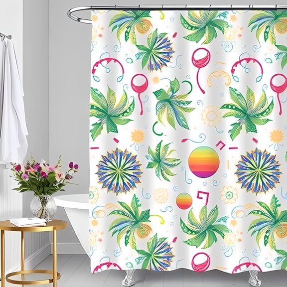 Tropical Paradise Shower Curtain - Colorful Trees & Floral Patterns in Yellow & Pink - Vibrant Bathroom Decor