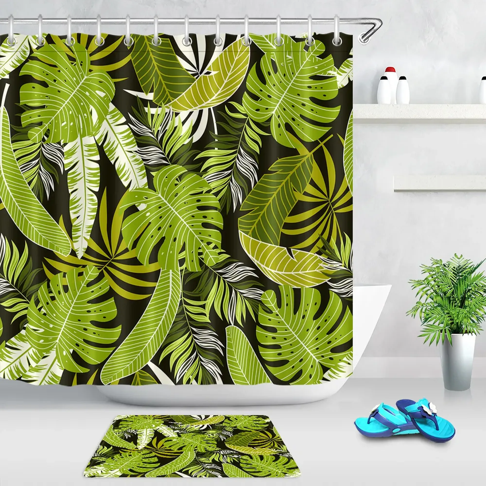 Tropical Paradise Shower Curtain Exquisite Green Palm Leaf Bathroom