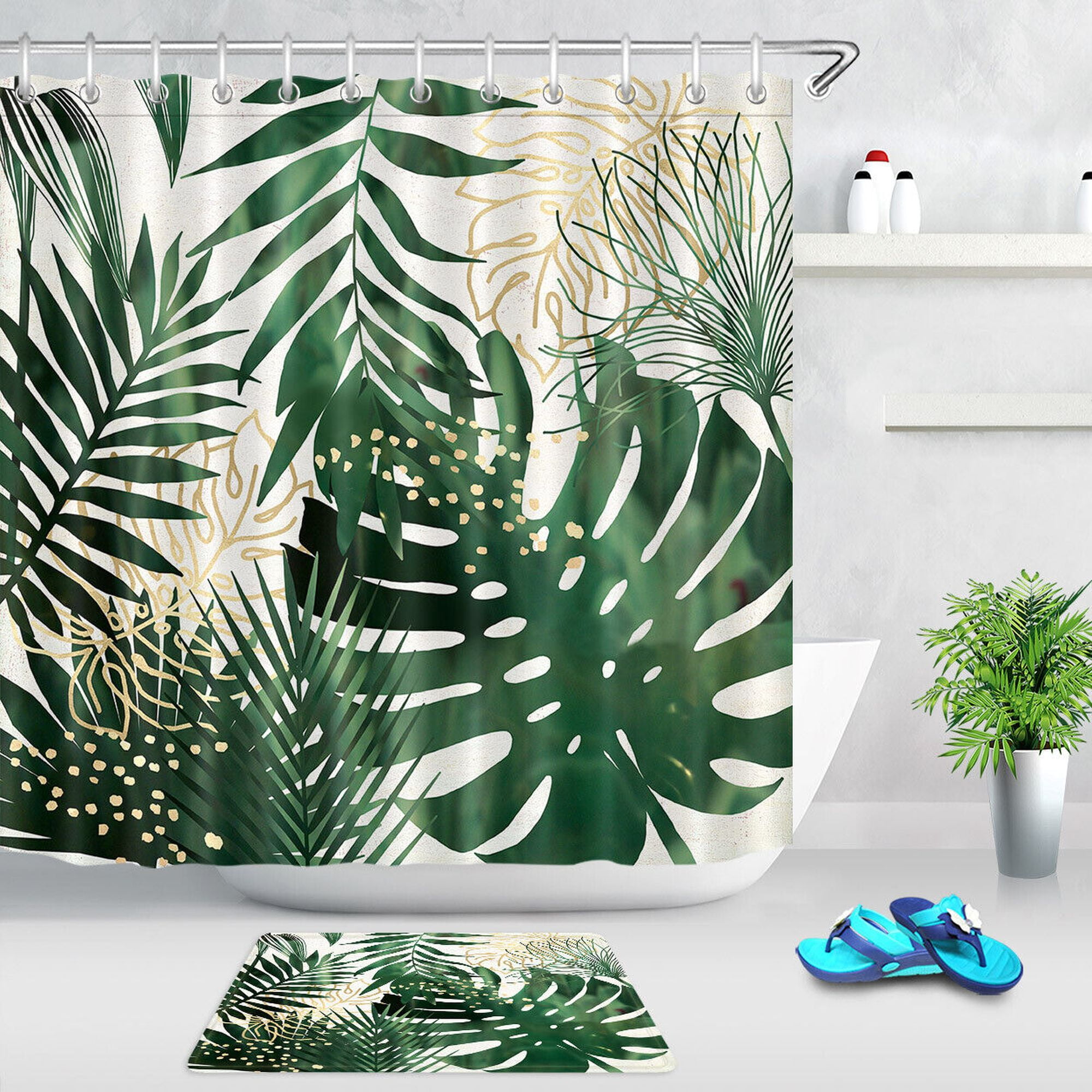 Tropical Paradise Shower Curtain Vibrant Greenery & Opulent Golden Leaves Bathroom Decor