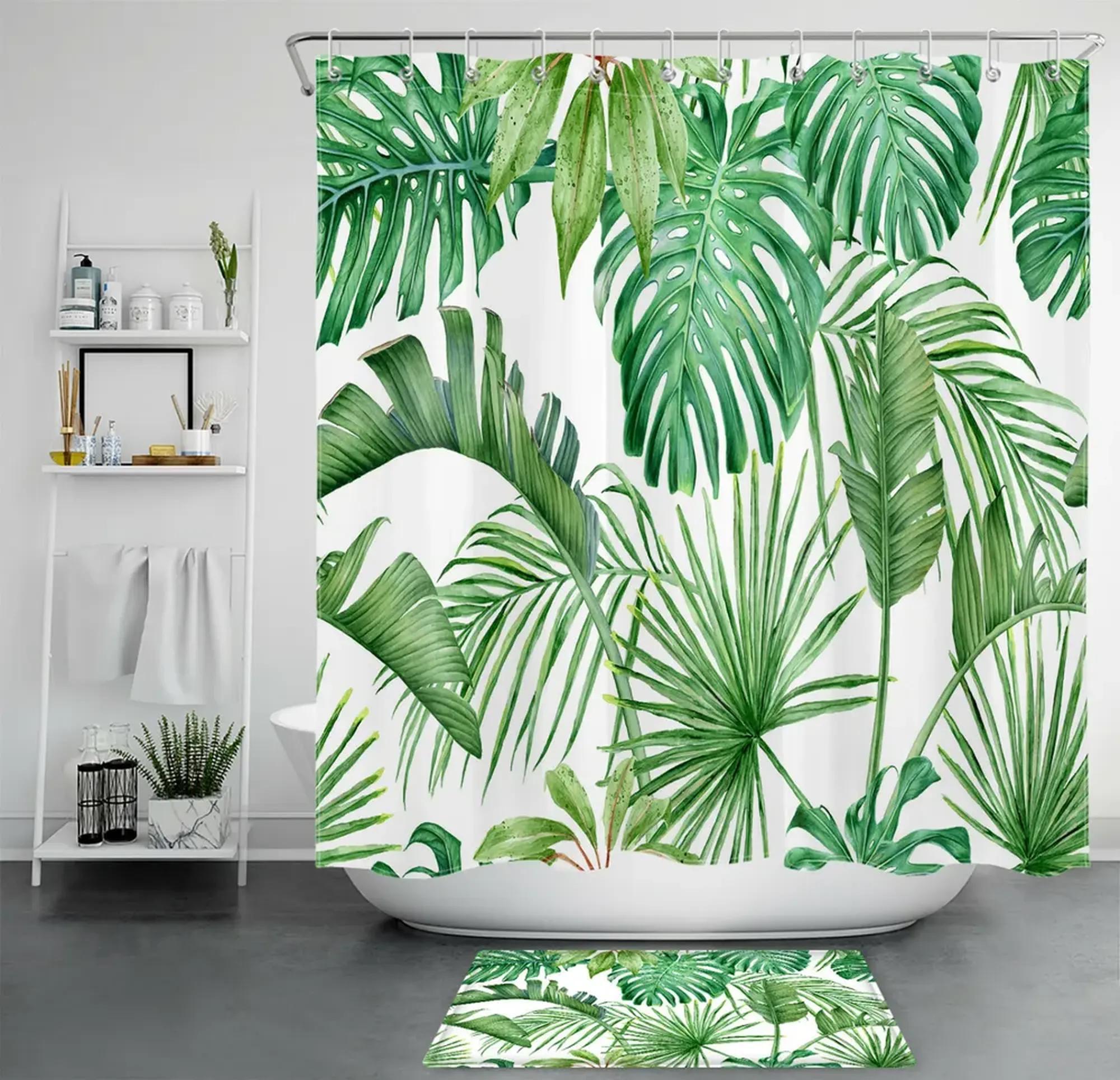 Tropical Paradise Shower Curtain Vibrant Monstera and Palm Leaf
