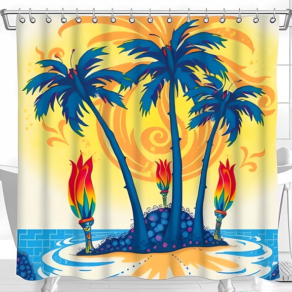 Tropical Paradise Shower Curtain - Vibrant Trees Colorful Flame Patterns & Blue Tiled Water Design - Cheerful Beach Decor for Relaxation