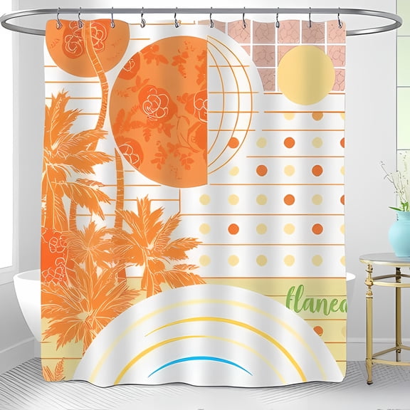 Tropical Paradise Shower Curtain - Vibrant Trees & Floral Patterns Modern Geometric Design in Orange & Yellow