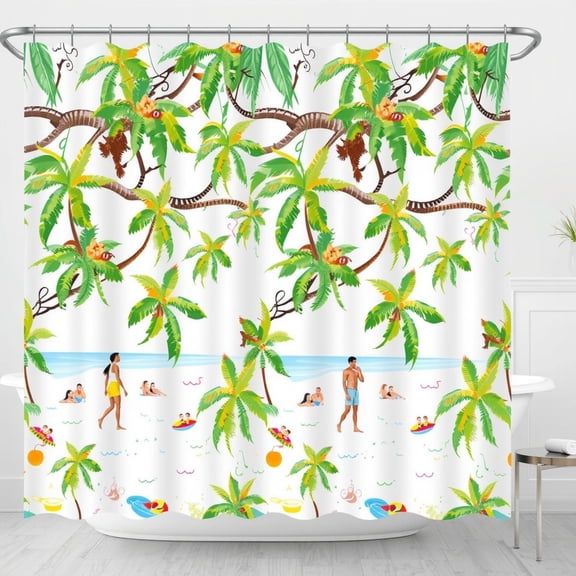 Tropical Paradise Shower Curtain - White with Trees Monkeys Flamingos & Beach Scene - Fun Bathroom Decor