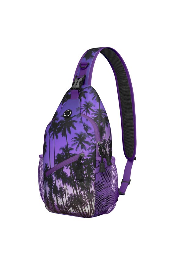 Tropical Paradise Sling Backpack for Travel, Crossbody Bag with Palm Tree, Hawaiian Sunset Beach, Ocean Vibes and Vibrant Boho Pattern