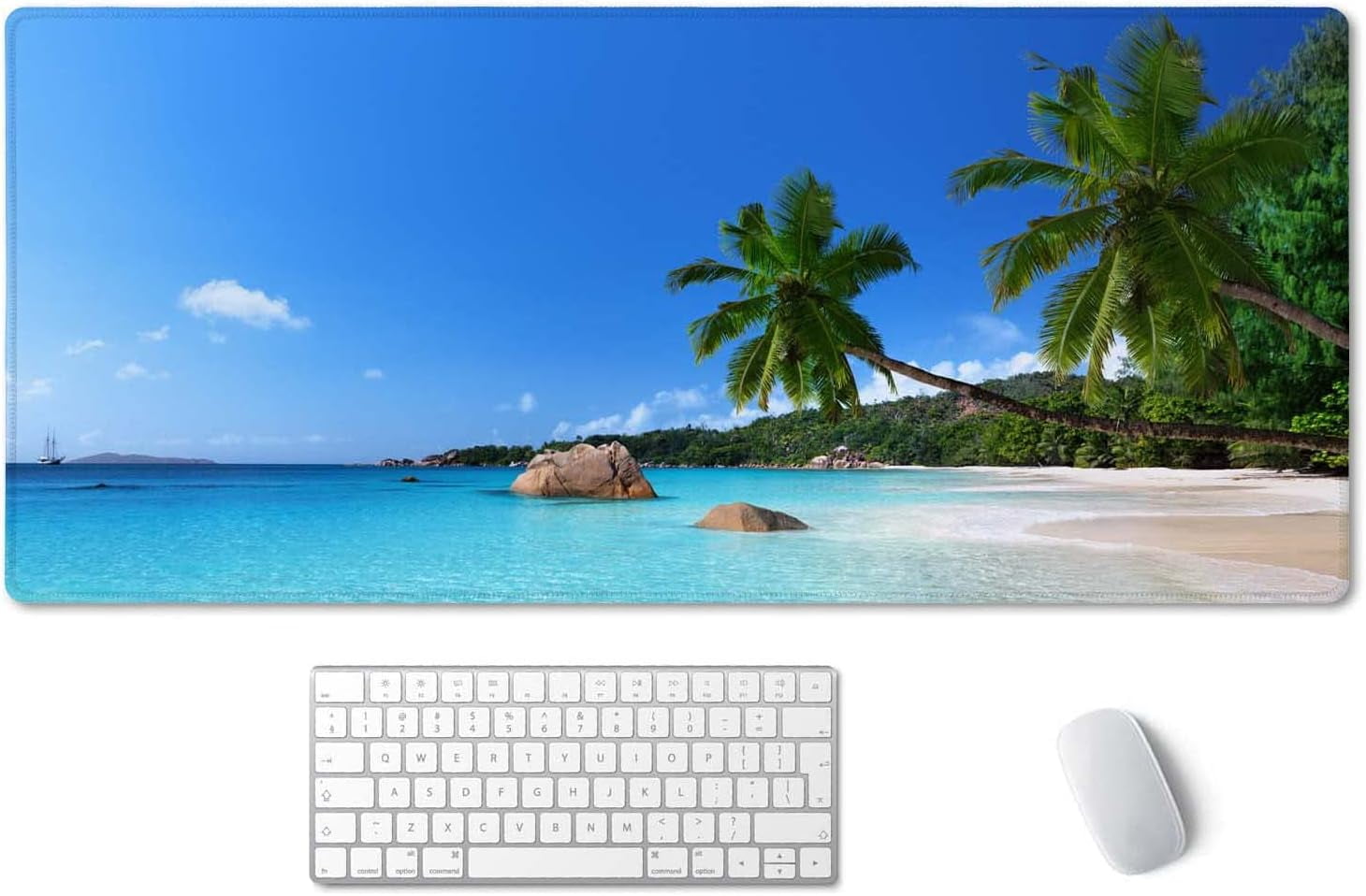 Tropical Paradise Sunshine Beach Coast Sea Palm Trees Mouse Pad 35.5 X 15.7 Inch XXL Full Desk Mousepad Extended Large Non-Slip Rubber Base Waterproof Big Keyboard Mat with Stitched Edges