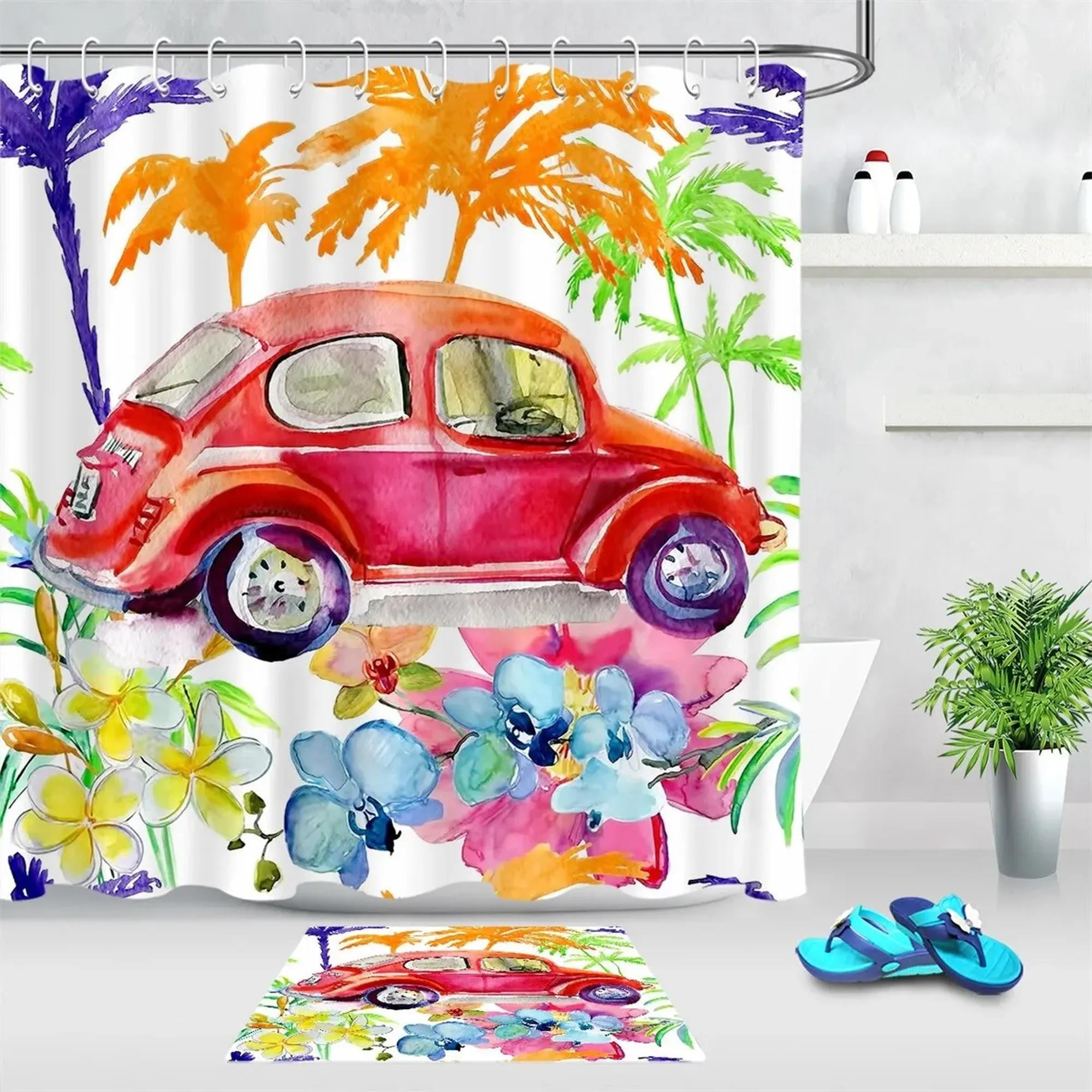 Tropical Paradise Watercolor Shower Curtain Retro Car and Palm Tree