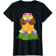 Tropical Paradise Women's Tiki Party T-Shirt with Exotic Coconut Bra, Vibrant Grass Skirt, and Colorful Lei Flowers