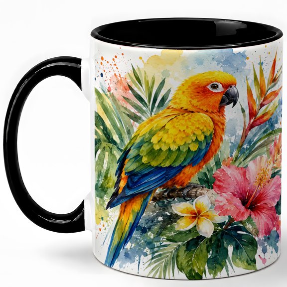 Tropical Parrot 11oz Ceramic Mug, Hibiscus Bird Watercolor Art