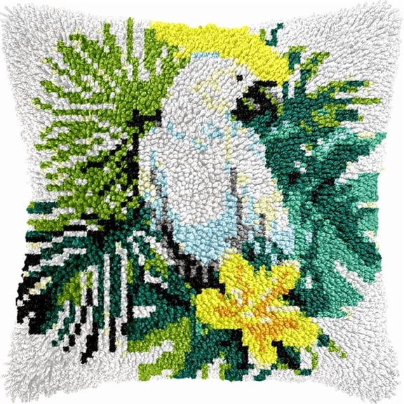 Tropical Parrot Bird Latch Hook Pillows Kits Cushion Pillow Cover with Pattern PrintedCanvas Sofa Hooking Pillows Crafts Embroidery Latching Hooking Crochet Kits 17x17 inch(162)
