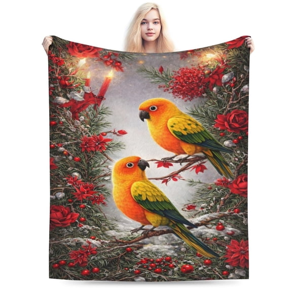 Tropical Parrot Christmas Blanket, Holiday Wreath Bird Throw, Winter Floral Fleece Blanket for Christmas Home Decor Gift 50x40