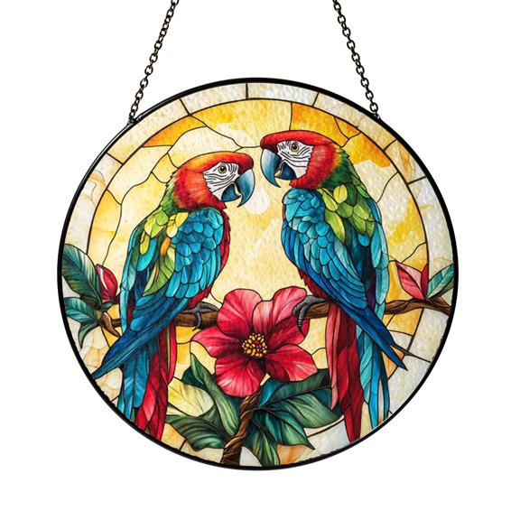 Tropical Parrot Floral Window Hanging – Stained Glass Style Decor