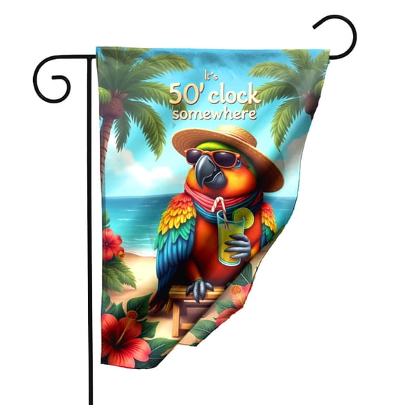 Tropical Parrot Garden Flag 12.5x18 Inch Double Sided Polyester Decorative Flag with Beach Theme Its 5 Oclock Somewhere Sign Hibiscus Flowers for Outdoor Yard Patio Decor#26371