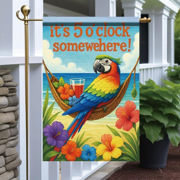 Tropical Parrot Garden Flag, 12 x 18 Inch Double Sided Outdoor Yard Banner, Beach Hammock Summer Cocktail Design for Porch Lawn Home Decor