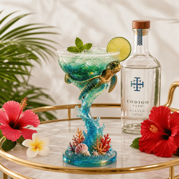 Tropical Parrot Glass Cup – Tropical Coastal Collector Cocktail Goblet Multi Use Decorative Tiki Bar Drink Glass,for summerween,beach and pool parties,gift Sea trutle