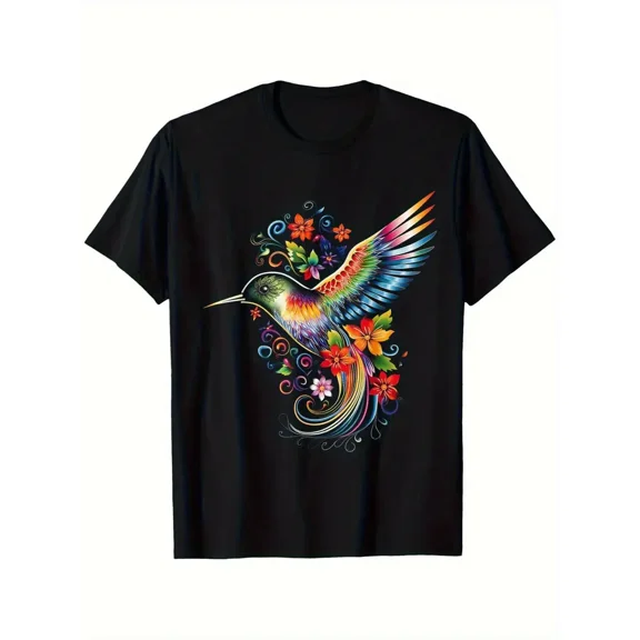 Tropical Parrot Graphic T-Shirt for Men and Women - Casual Black 100% Pure Cotton Round Neck Tee with Vibrant Floral Design, Short Sleeve