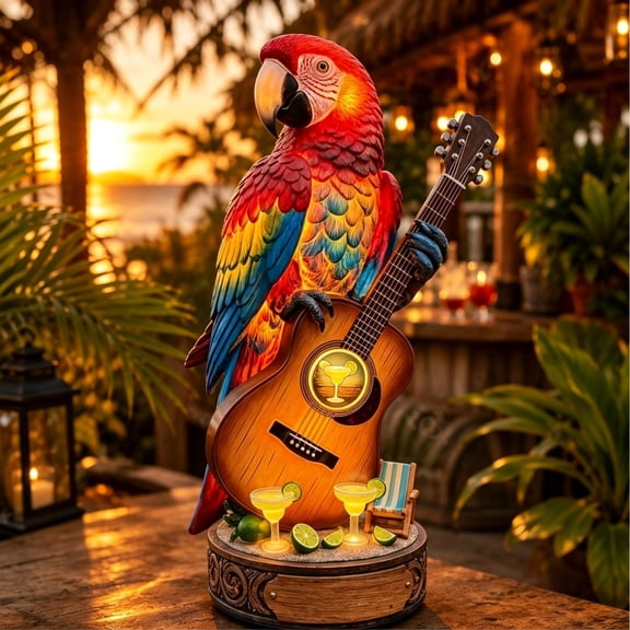 Tropical Parrot Guitar Solar Garden Light, Cocktail Scarlet Macaw Resin Sculpture, Beach Tiki Bar Decor Night Light for Home Bar Tabletop Decor Gift