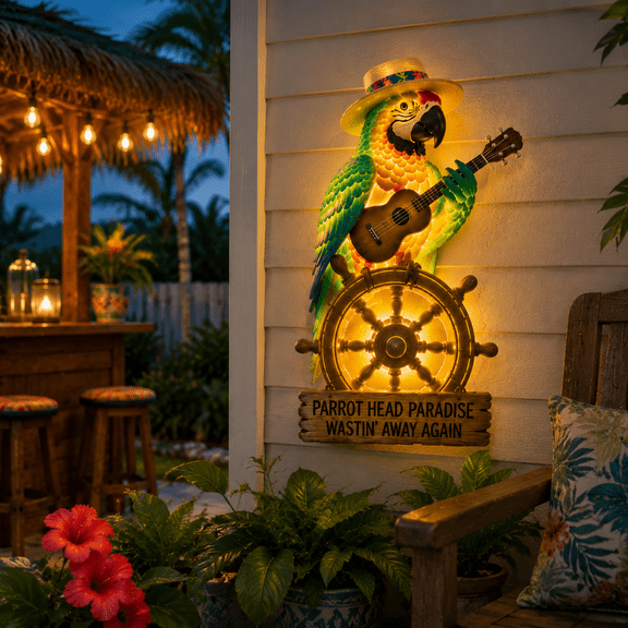 Tropical Parrot Head Paradise Solar Garden Light - Wastin' Away Again Decorative Solar Stake Lights, Waterproof LED Tiki Landscape Pathway Lighting