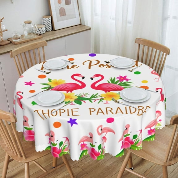 Tropical Flamingo Wreath With Floral Touches Round Tablecloth Waterproof Oil Proof Spill Proof Table Cloth 70" for Camping, Dining, Indoor and Outdoor Table Cover