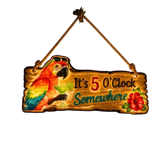 Tropical Parrot Light Up Hanging Wall Sign, Faux Weathered Wood Plaque with Hemp Rope, It's 5 O'Clock Somewhere Decor for Patio Bar Poolside Home Leisure Corner