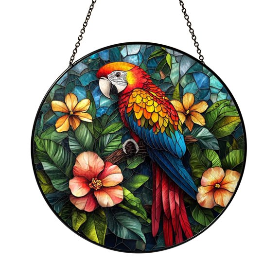 Tropical Parrot Portrait Stained Glass Style Window Decor, Vibrant Hanging Art Panel