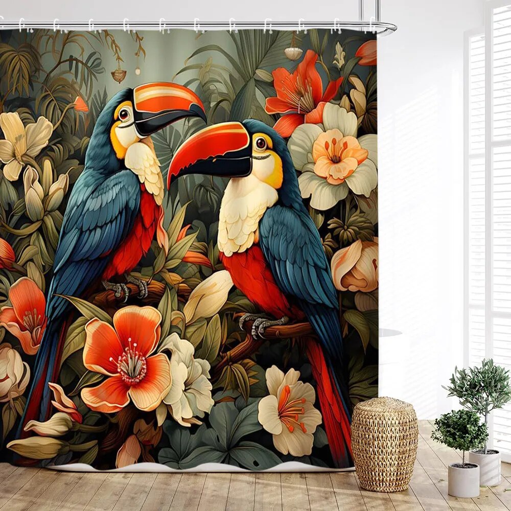 Tropical Parrot Shower Curtain Birds on The Branch Rainforest Jungle