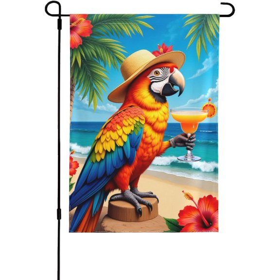 Tropical Parrot Summer Garden Flag 12x18 Double Sided Decorative Yard Flag With Cocktail Design Welcome Summer Outdoor Holiday Decoration