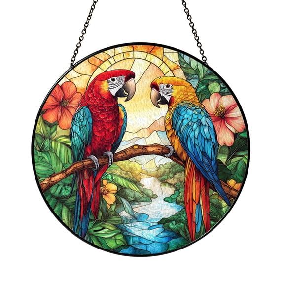 Tropical Parrot and Hibiscus Window Suncatcher, Round Stained Glass Style Bird Panel, Exotic Home Decor Gift