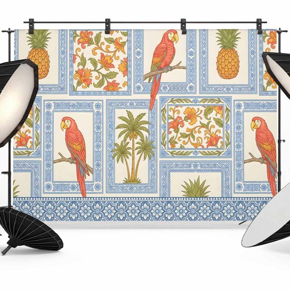 Tropical Parrots Backdrops for Photography, Pineapples Palm Leaves Coastal Botanical Fabric Photo Background Sturdy Studio Props for Photo Studio, Video Recording, Booth & Photoshoot 8x6ft