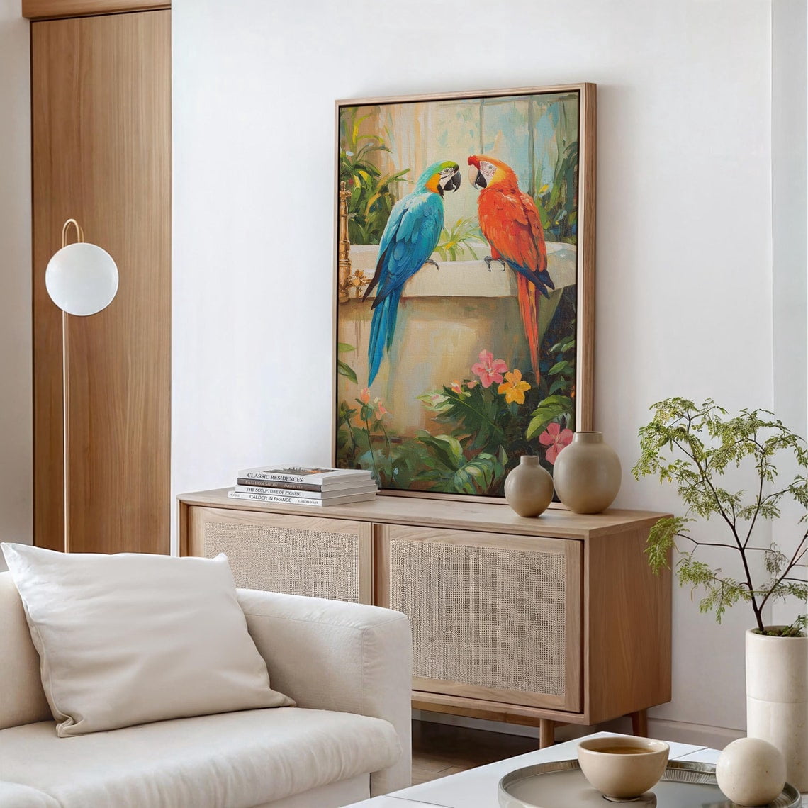 Tropical Parrots In Botanical Setting Art Vibrant Macaws With Lush ... - Macaw Bird Home Decor Inspiration