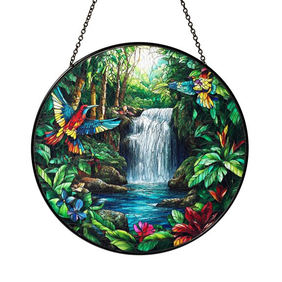 Tropical Parrots Faux Stained Glass Window Hanging – Rainforest Scene